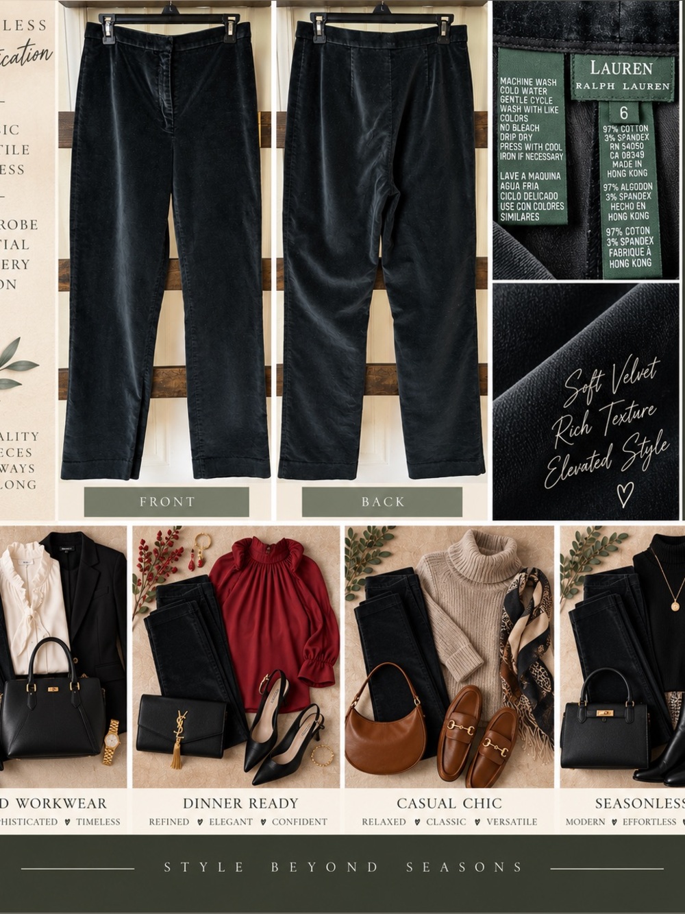 Ralph Lauren Charcoal Velvet Straight Leg Pants